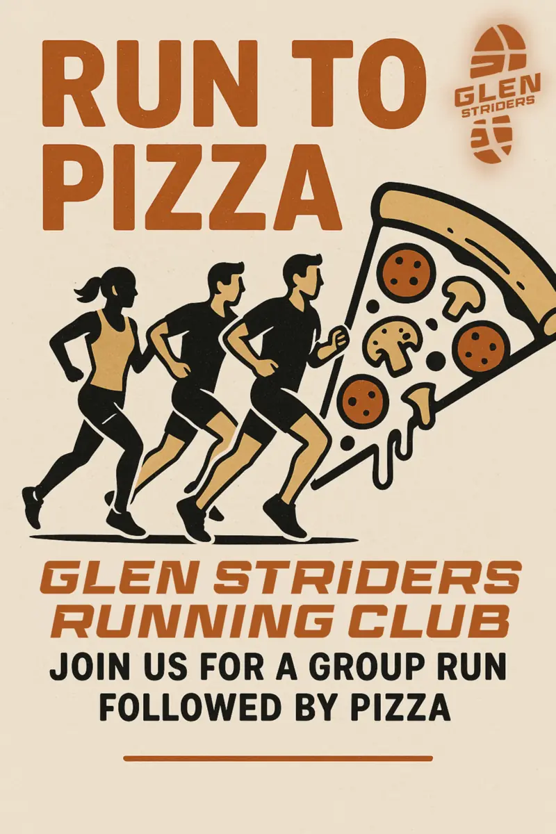 Glen Striders Run to Pizza event - runners enjoying pizza together